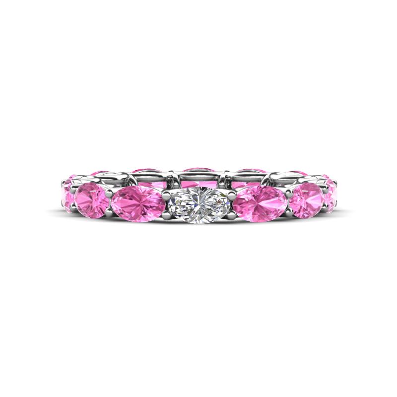 Madison 5x3 mm Oval Forever One Moissanite and Pink Sapphire Eternity Band 