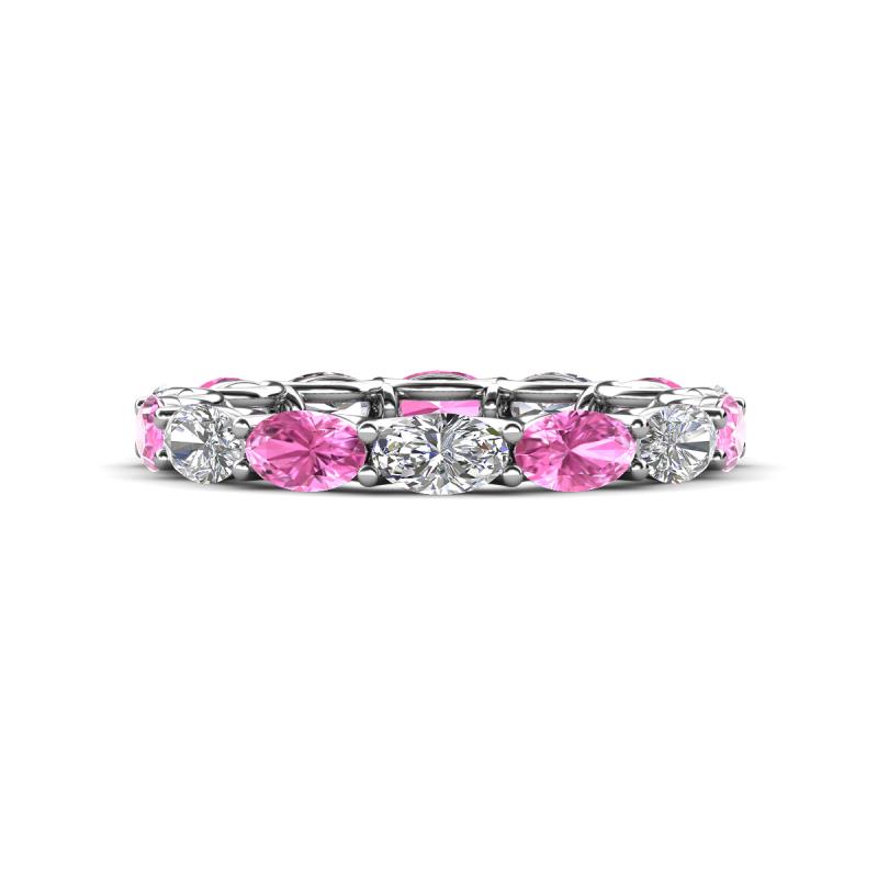 Madison 5x3 mm Oval Forever One Moissanite and Pink Sapphire Eternity Band 