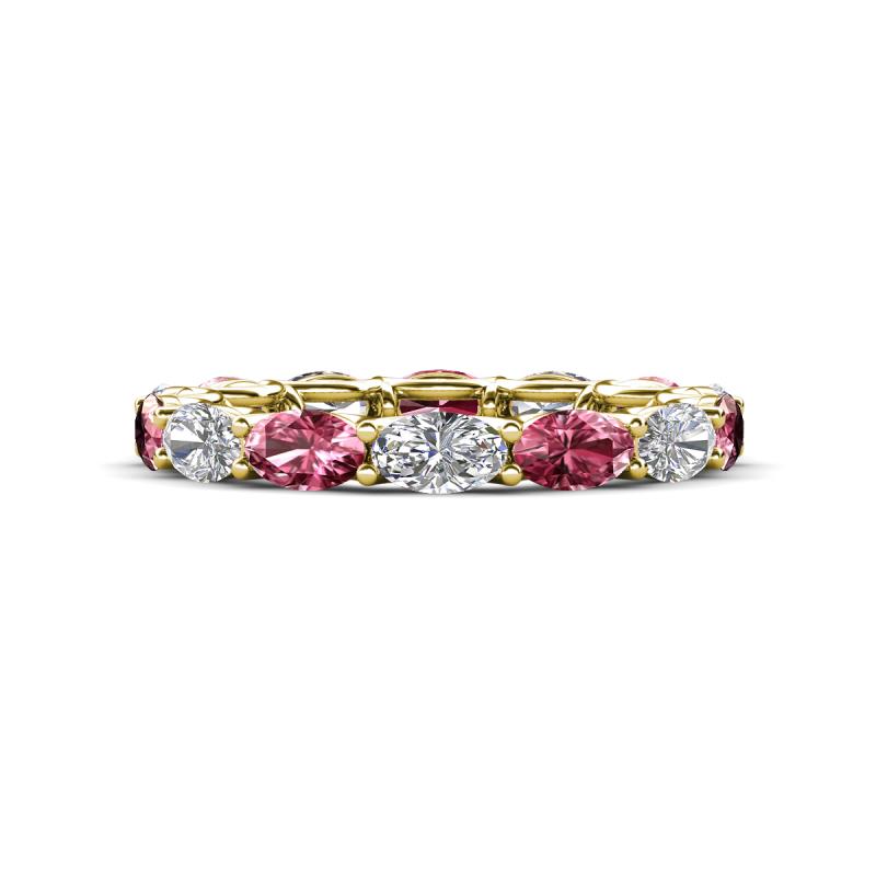 Madison 5x3 mm Oval Forever Brilliant Moissanite and Pink Tourmaline Eternity Band 