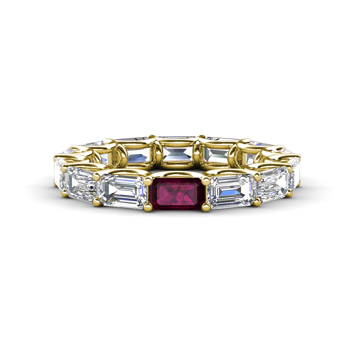 Beverly 5x3 mm Emerald Cut Lab Grown Diamond and Rhodolite Garnet Eternity Band 