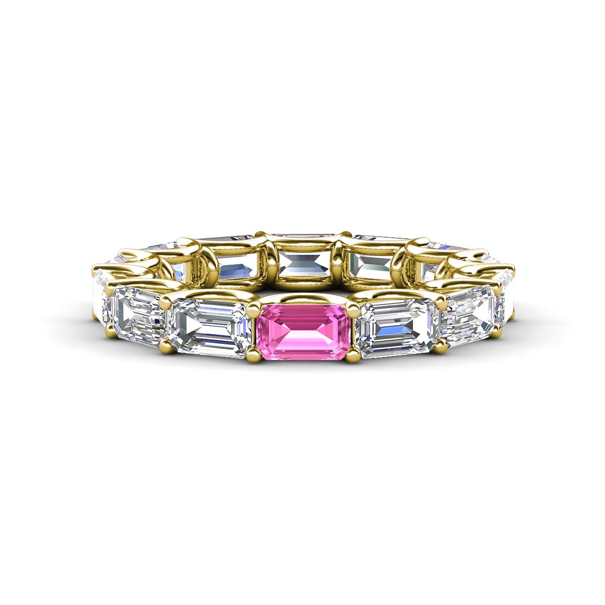 Beverly 5x3 mm Emerald Cut Forever Brilliant Moissanite and Pink Sapphire Eternity Band 