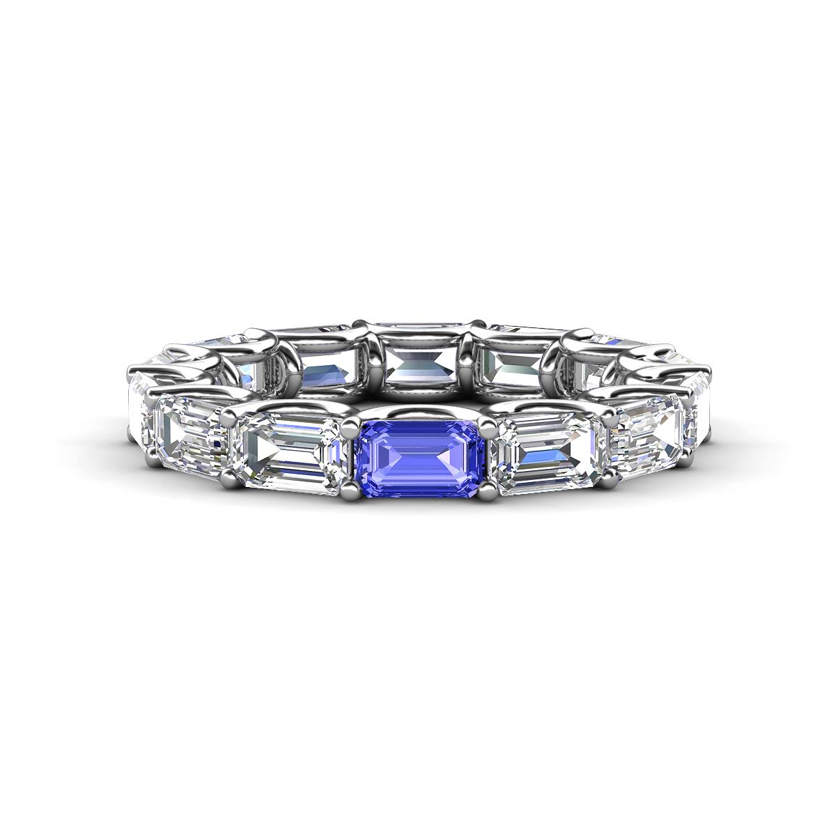 Beverly 5x3 mm Emerald Cut Forever Brilliant Moissanite and Tanzanite Eternity Band 