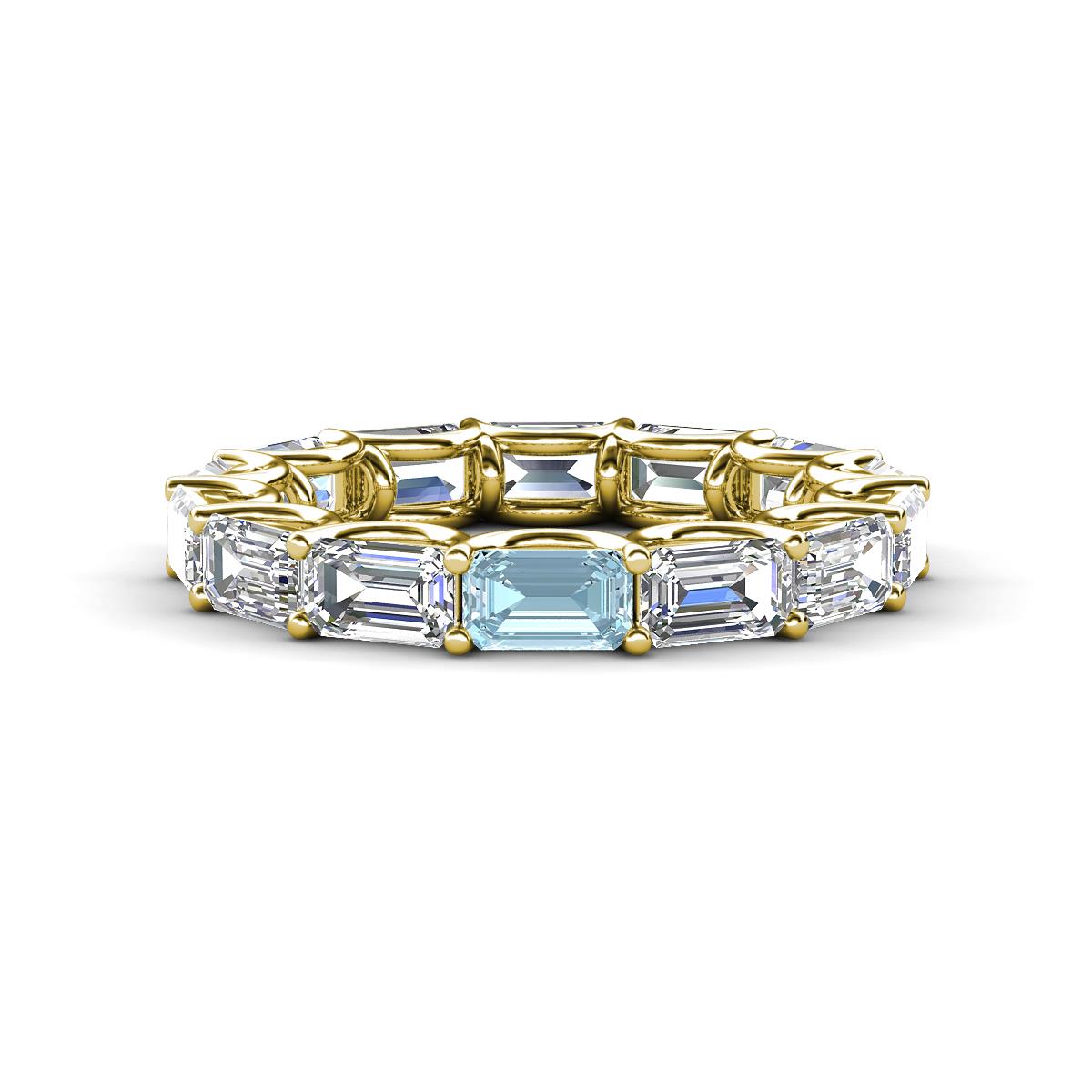 Beverly 5x3 mm Emerald Cut Forever Brilliant Moissanite and Aquamarine Eternity Band 