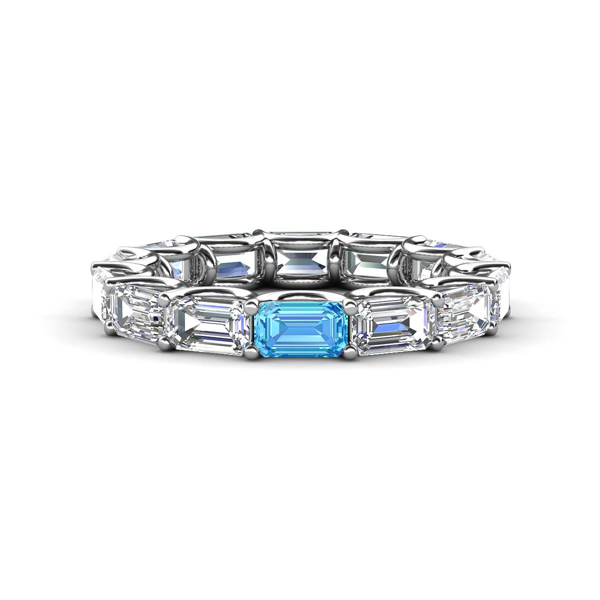 Beverly 5x3 mm Emerald Cut Forever Brilliant Moissanite and Blue Topaz Eternity Band 