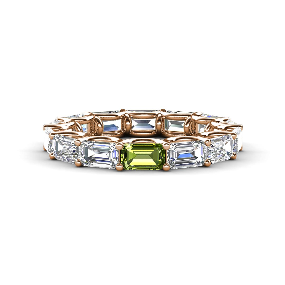 Beverly 5x3 mm Emerald Cut Forever Brilliant Moissanite and Peridot Eternity Band 