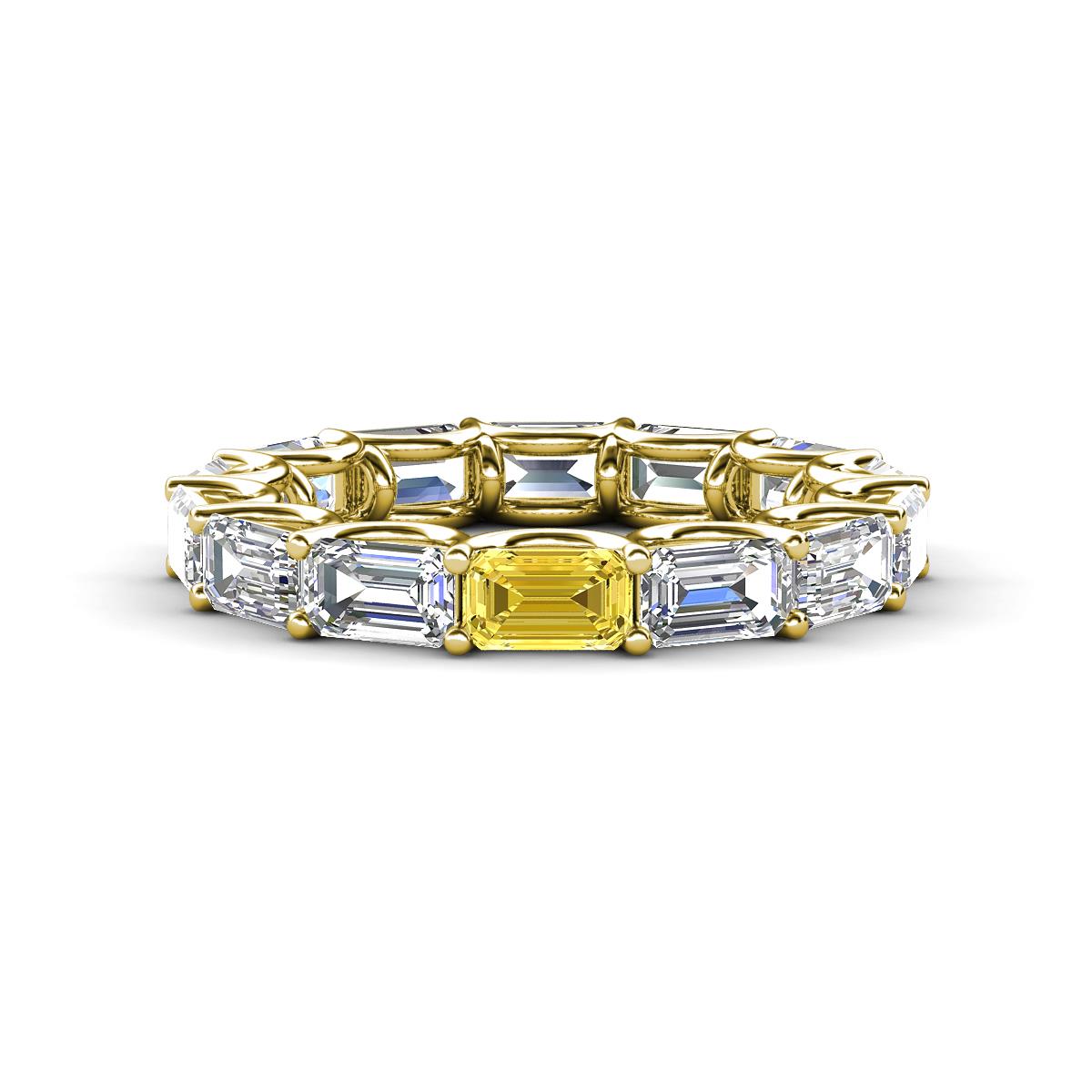 Beverly 5x3 mm Emerald Cut Forever Brilliant Moissanite and Yellow Sapphire Eternity Band 