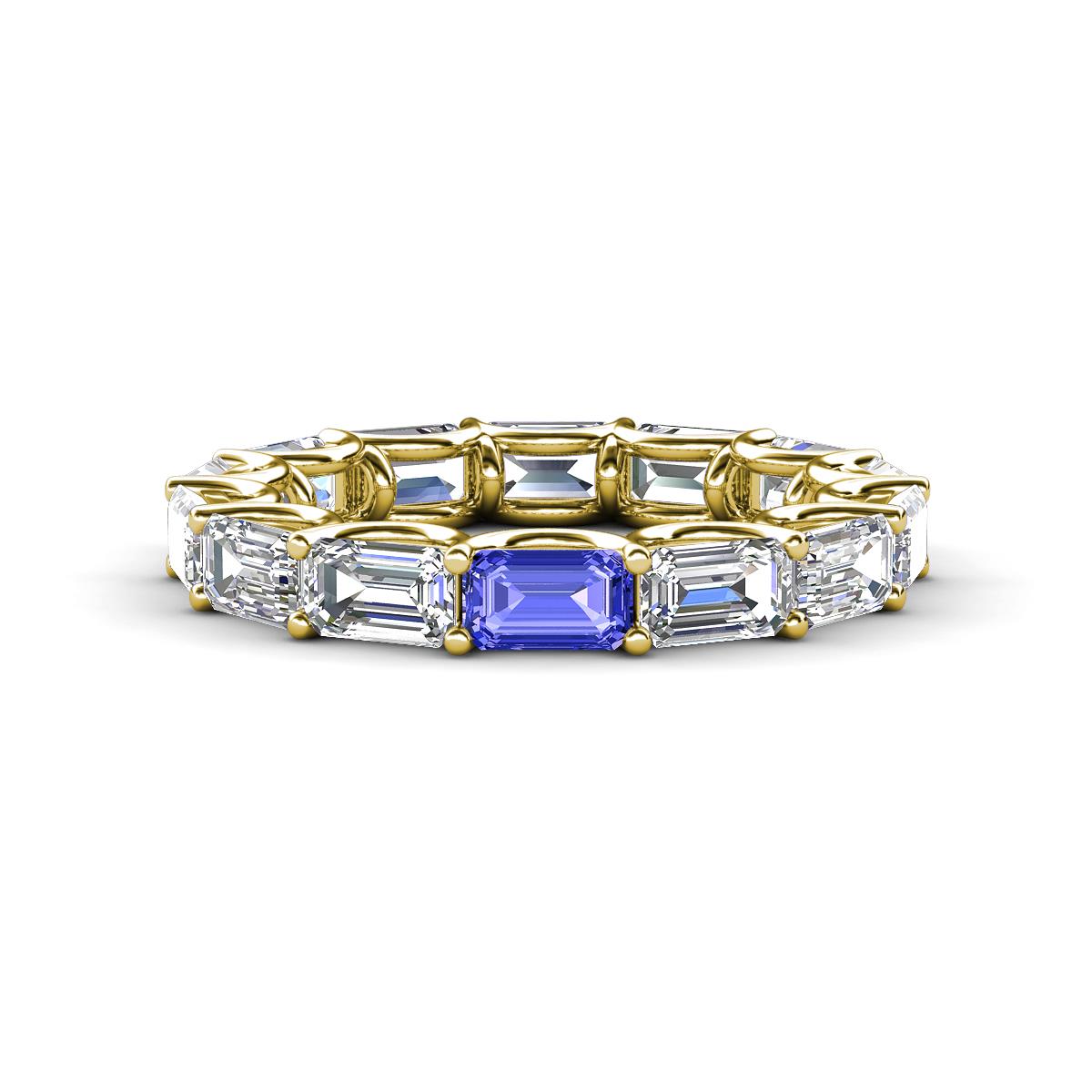 Beverly 5x3 mm Emerald Cut Forever One Moissanite and Tanzanite Eternity Band 