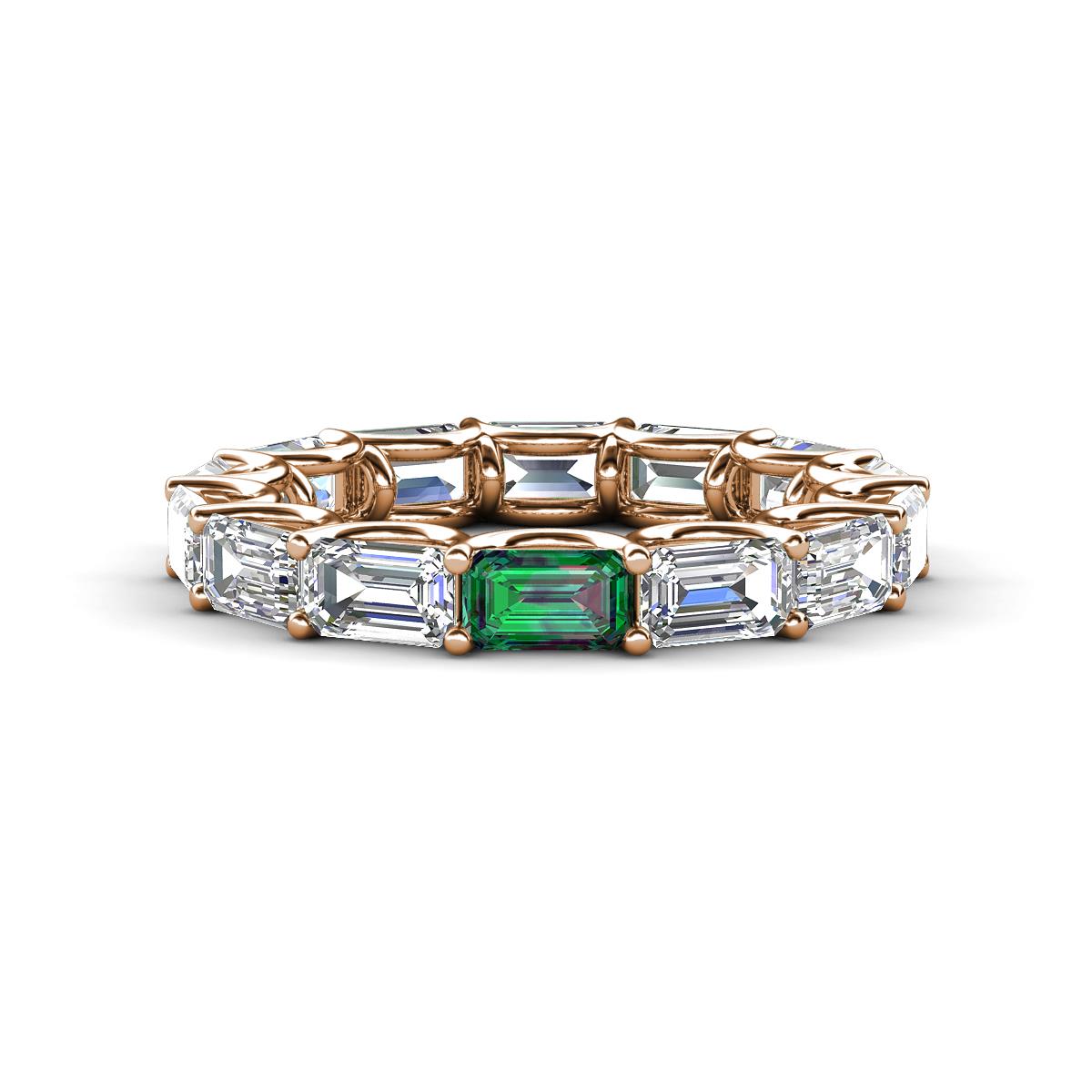 Beverly 5x3 mm Emerald Cut Forever Brilliant Moissanite and Lab Created Alexandrite Eternity Band 