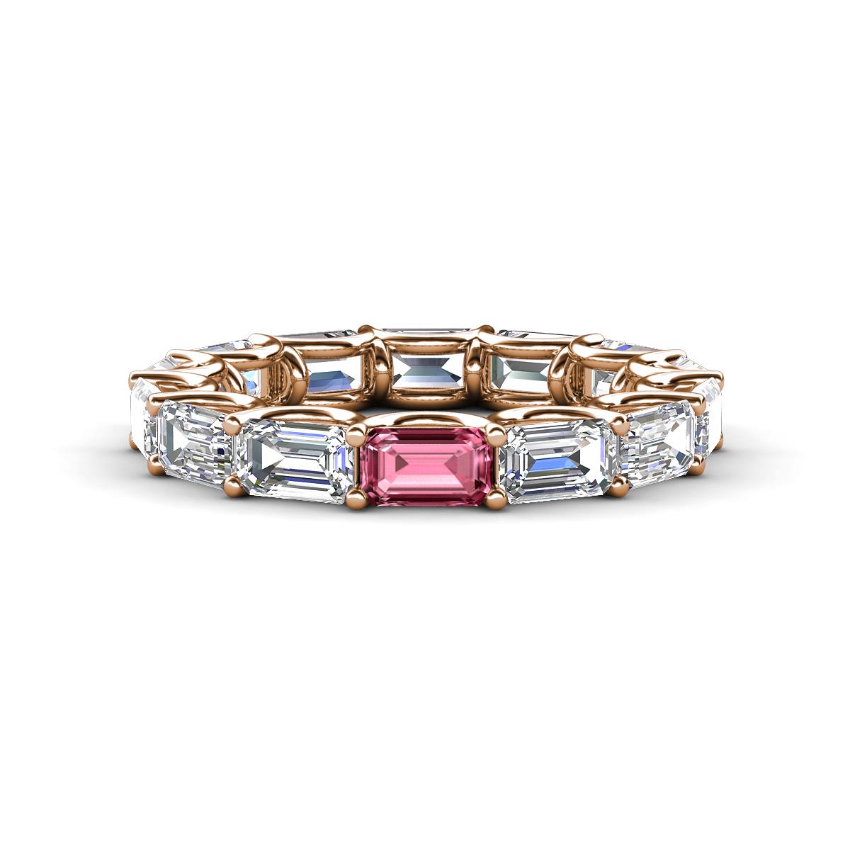 Beverly 5x3 mm Emerald Cut Forever Brilliant Moissanite and Pink Tourmaline Eternity Band 