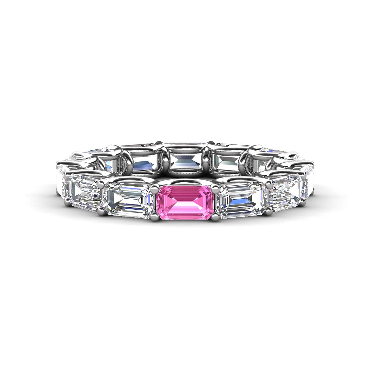 Beverly 5x3 mm Emerald Cut Forever One Moissanite and Pink Sapphire Eternity Band 