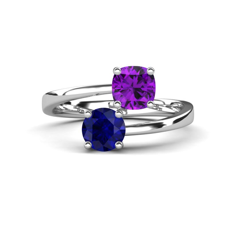 Jianna 6.00 mm Cushion Amethyst and Round Blue Sapphire 2 Stone Promise Ring 