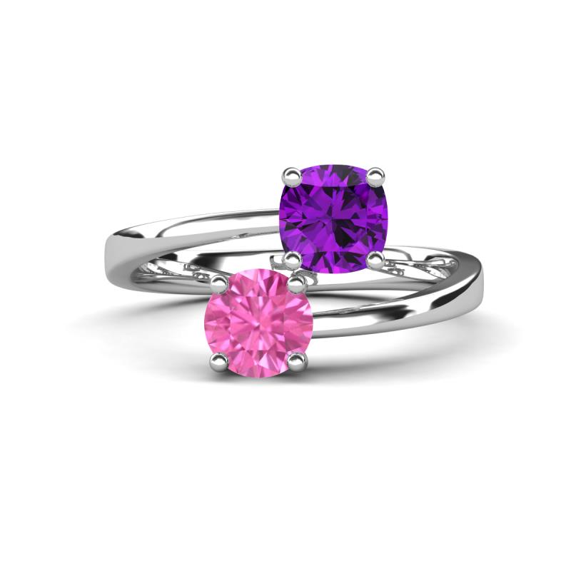 Jianna 6.00 mm Cushion Amethyst and Round Lab Created Pink Sapphire 2 Stone Promise Ring 