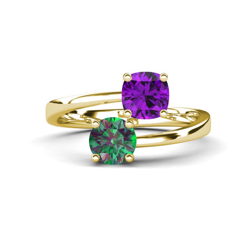 Jianna 6.00 mm Cushion Amethyst and Round Lab Created Alexandrite 2 Stone Promise Ring 
