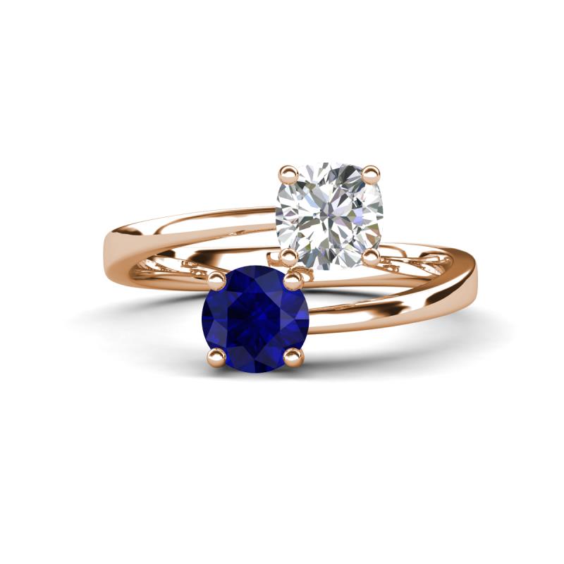 Jianna IGI Certified 6.00 mm Cushion Lab Grown Diamond and Round Blue Sapphire 2 Stone Promise Ring 