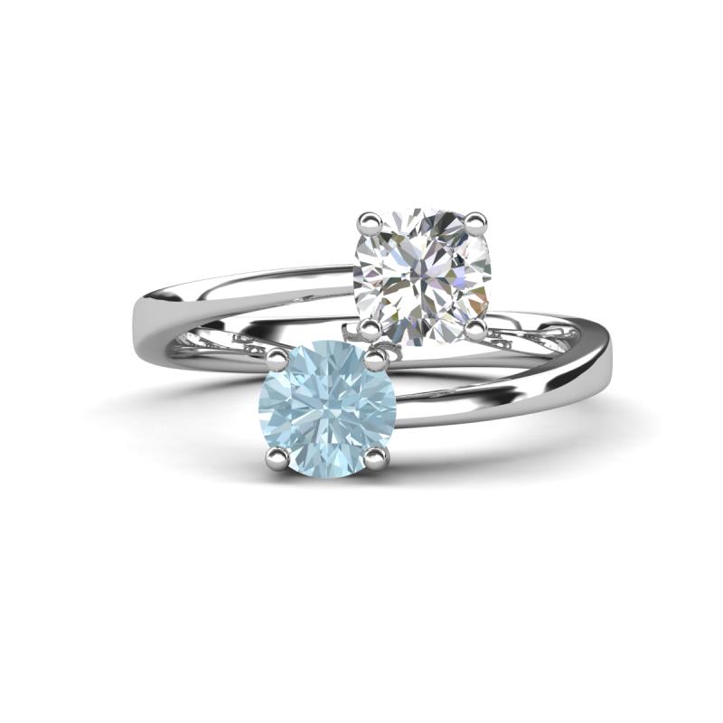 Jianna IGI Certified 6.00 mm Cushion Lab Grown Diamond and Round Aquamarine 2 Stone Promise Ring 