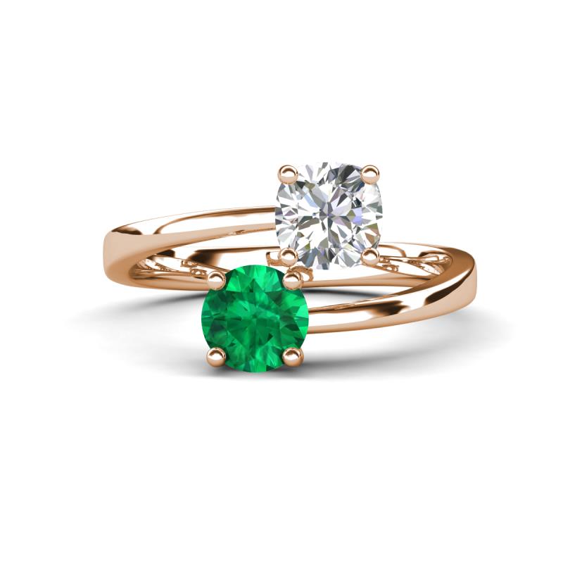 Jianna IGI Certified 6.00 mm Cushion Lab Grown Diamond and Round Emerald 2 Stone Promise Ring 