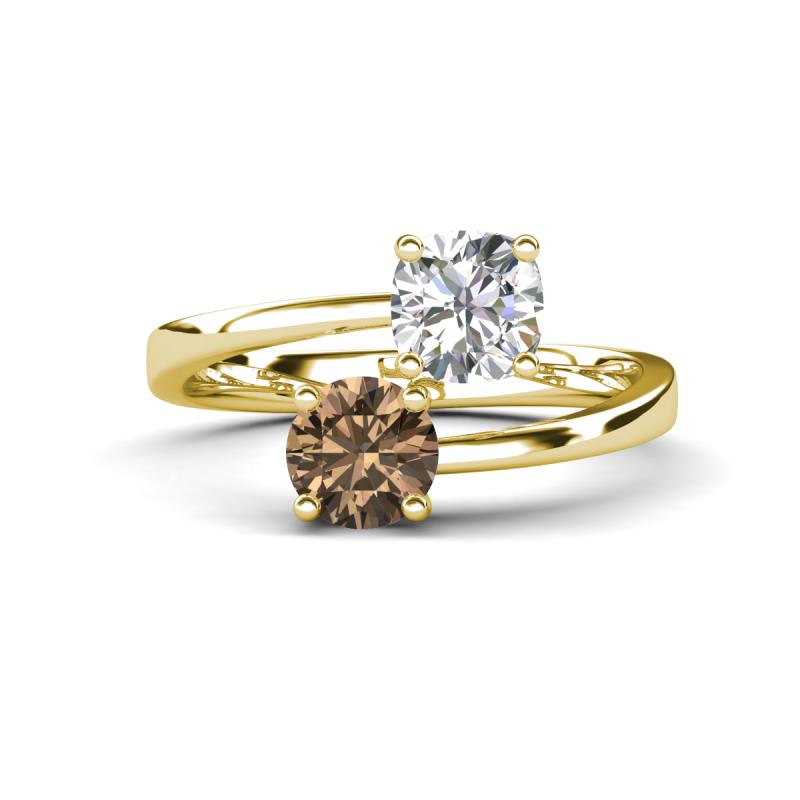 Jianna IGI Certified 6.00 mm Cushion Lab Grown Diamond and Round Smoky Quartz 2 Stone Promise Ring 