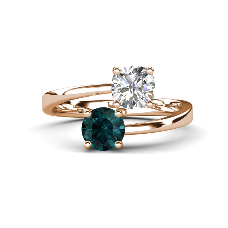 Jianna IGI Certified 6.00 mm Cushion Lab Grown Diamond and Round London Blue Topaz 2 Stone Promise Ring 