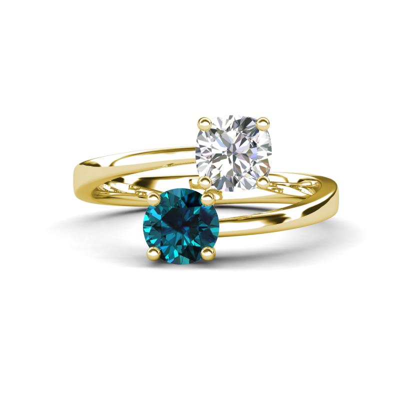 Jianna IGI Certified 6.00 mm Cushion Lab Grown Diamond and Round Blue Diamond 2 Stone Promise Ring 