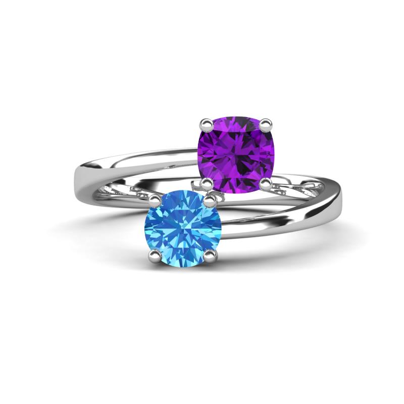 Jianna 6.00 mm Cushion Amethyst and Round Blue Topaz 2 Stone Promise Ring 