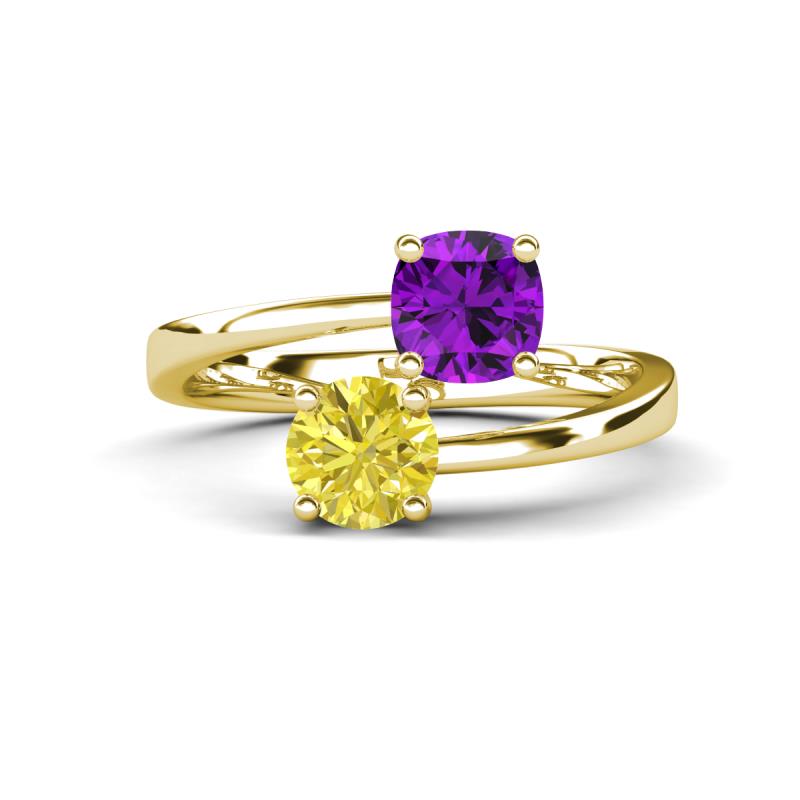 Jianna 6.00 mm Cushion Amethyst and Round Yellow Diamond 2 Stone Promise Ring 