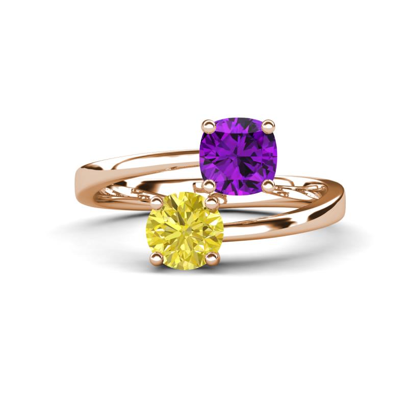 Jianna 6.00 mm Cushion Amethyst and Round Yellow Diamond 2 Stone Promise Ring 