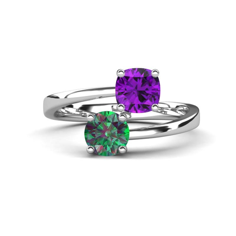 Jianna 6.00 mm Cushion Amethyst and Round Lab Created Alexandrite 2 Stone Promise Ring 