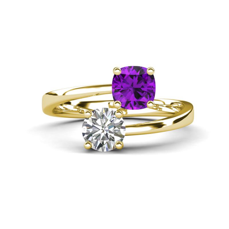 Jianna 6.00 mm Cushion Amethyst and GIA Certified Round Natural Diamond 2 Stone Promise Ring 