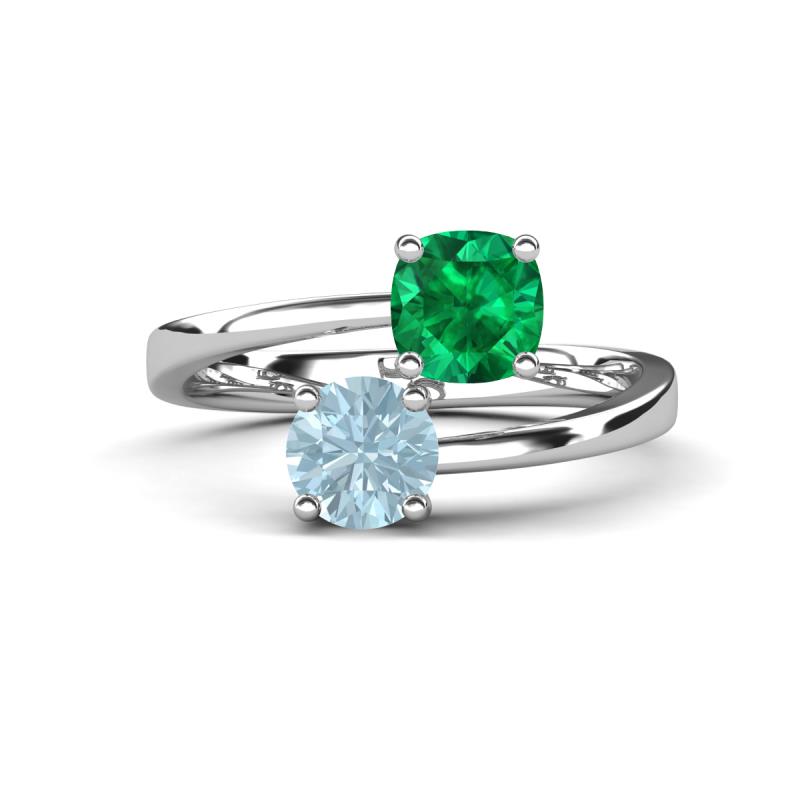 Jianna 6.00 mm Cushion Lab Created Emerald and Round Aquamarine 2 Stone Promise Ring 