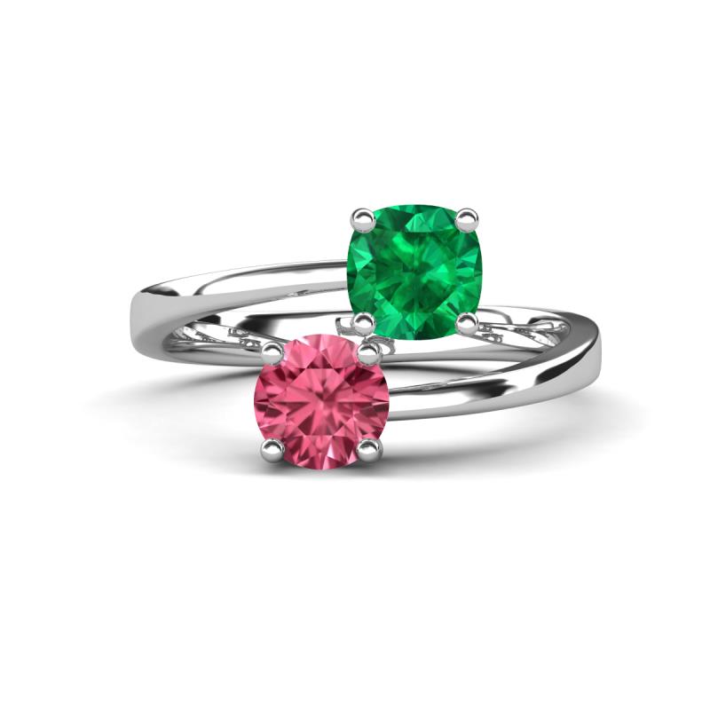 Jianna 6.00 mm Cushion Lab Created Emerald and Round Pink Tourmaline 2 Stone Promise Ring 