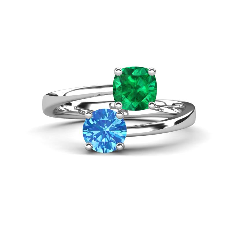 Jianna 6.00 mm Cushion Lab Created Emerald and Round Blue Topaz 2 Stone Promise Ring 