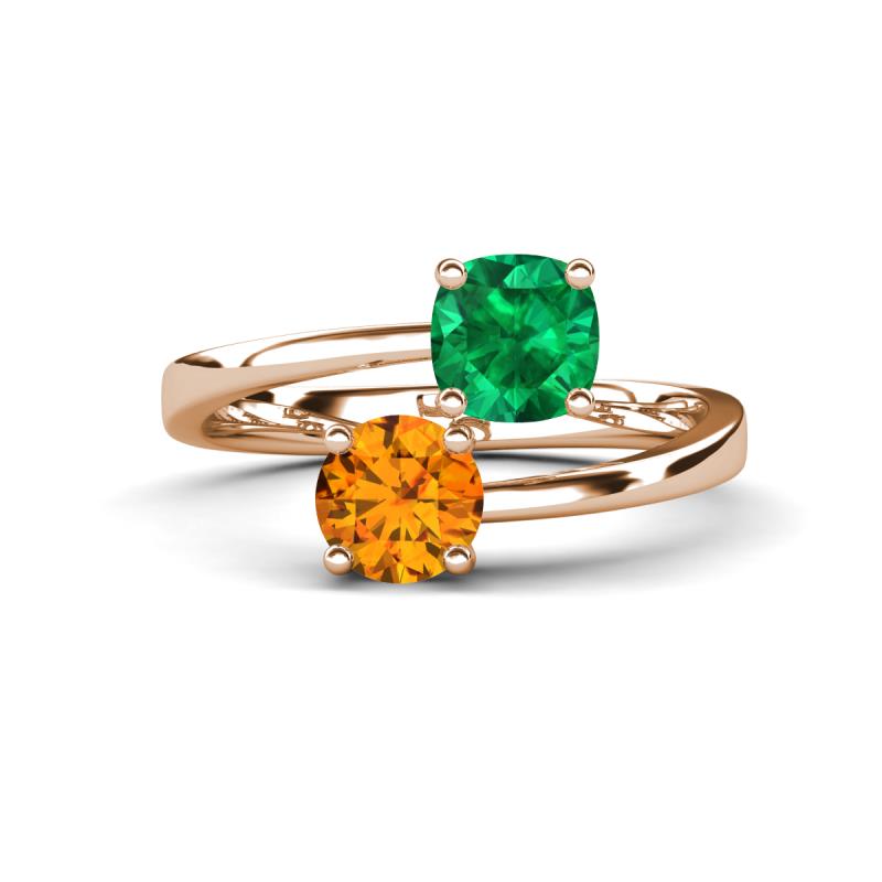 Jianna 6.00 mm Cushion Lab Created Emerald and Round Citrine 2 Stone Promise Ring 