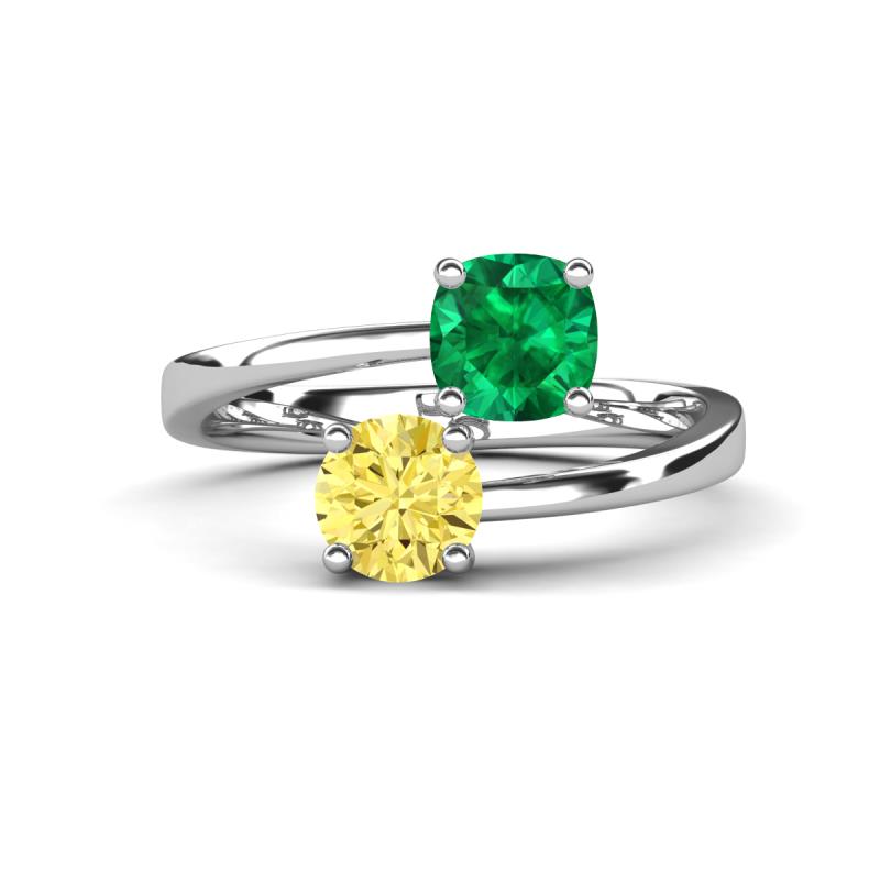 Jianna 6.00 mm Cushion Lab Created Emerald and Round Lab Created Yellow Sapphire 2 Stone Promise Ring 