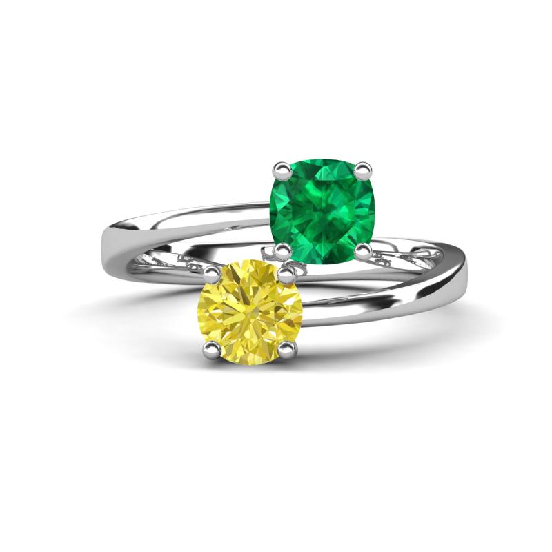 Jianna 6.00 mm Cushion Lab Created Emerald and Round Yellow Diamond 2 Stone Promise Ring 