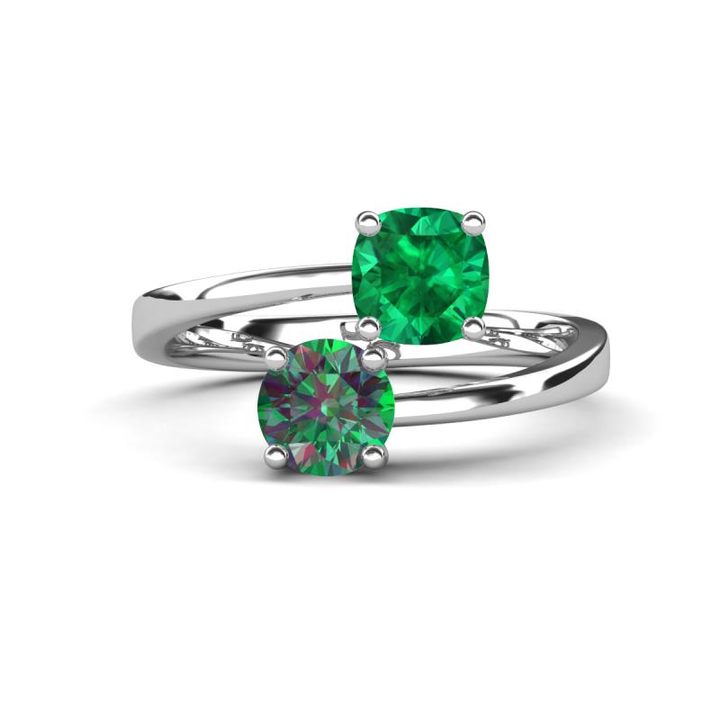 Jianna 6.00 mm Cushion Lab Created Emerald and Round Lab Created Alexandrite 2 Stone Promise Ring 