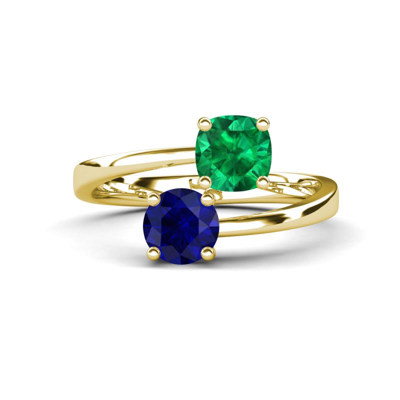 Jianna 6.00 mm Cushion Lab Created Emerald and Round Blue Sapphire 2 Stone Promise Ring 