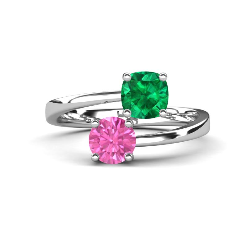 Jianna 6.00 mm Cushion Lab Created Emerald and Round Lab Created Pink Sapphire 2 Stone Promise Ring 