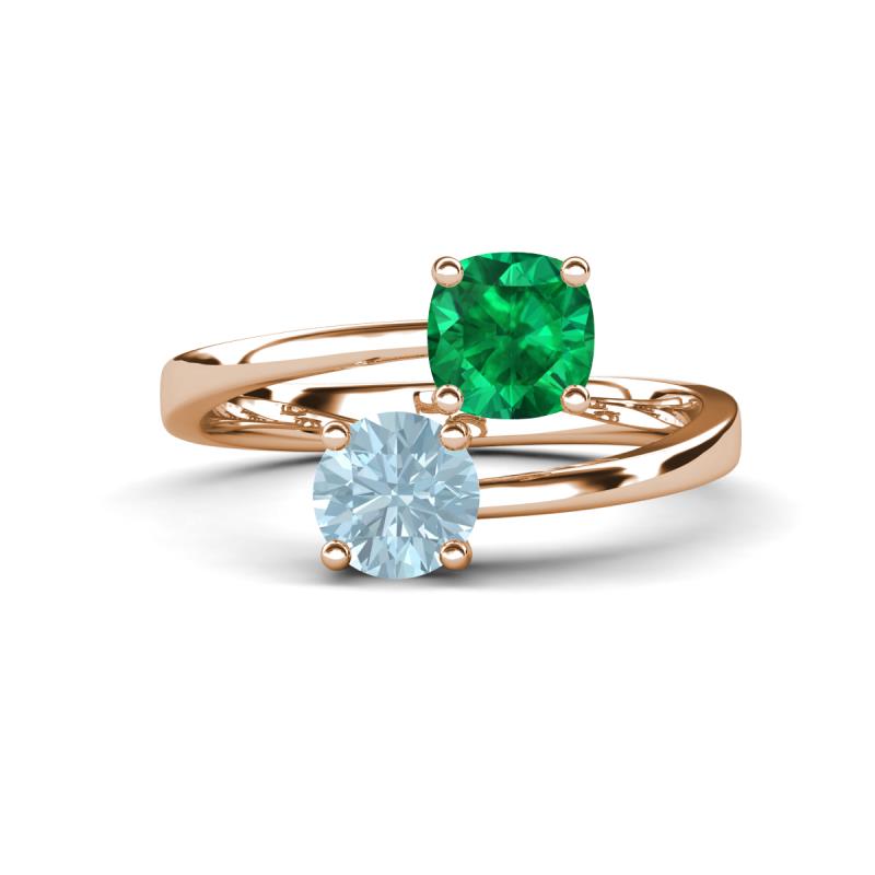 Jianna 6.00 mm Cushion Lab Created Emerald and Round Aquamarine 2 Stone Promise Ring 