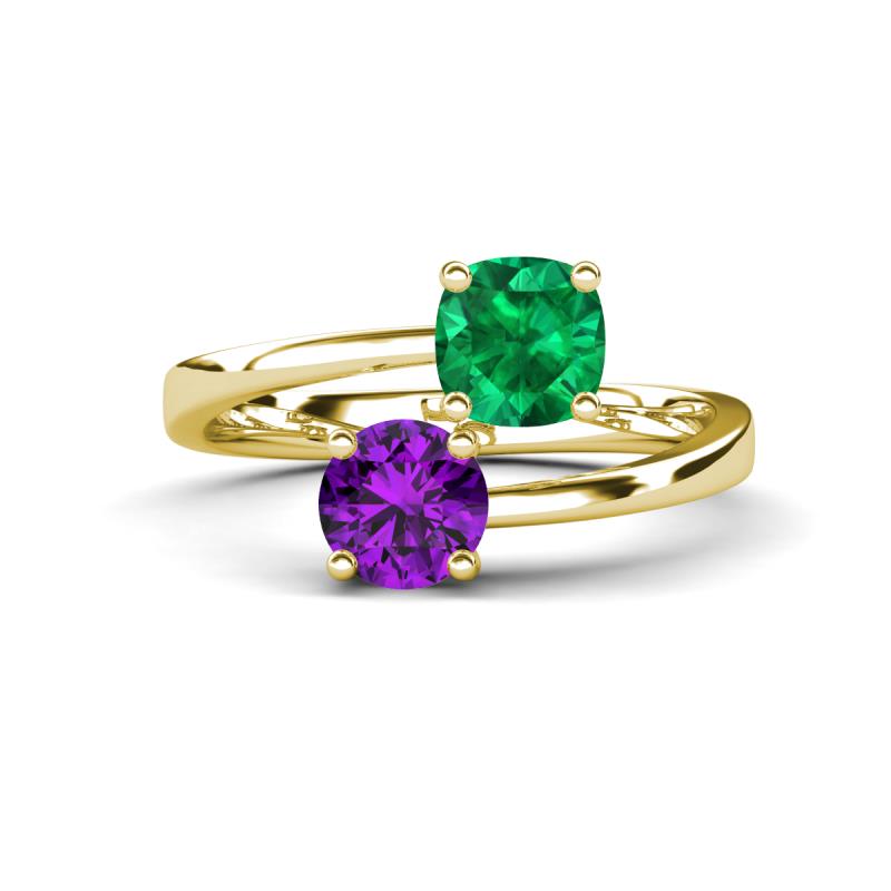 Jianna 6.00 mm Cushion Lab Created Emerald and Round Amethyst 2 Stone Promise Ring 