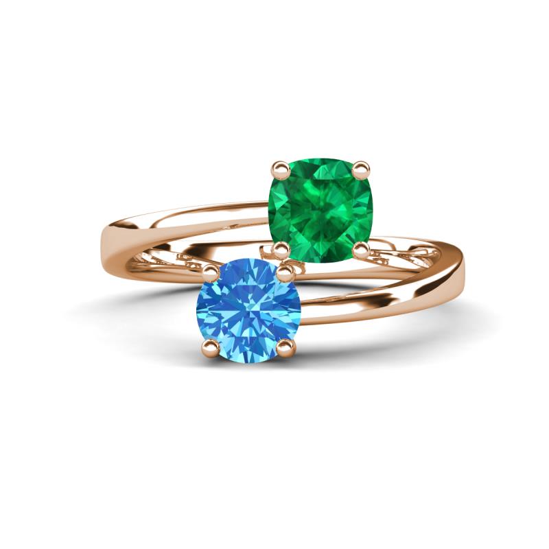 Jianna 6.00 mm Cushion Lab Created Emerald and Round Blue Topaz 2 Stone Promise Ring 