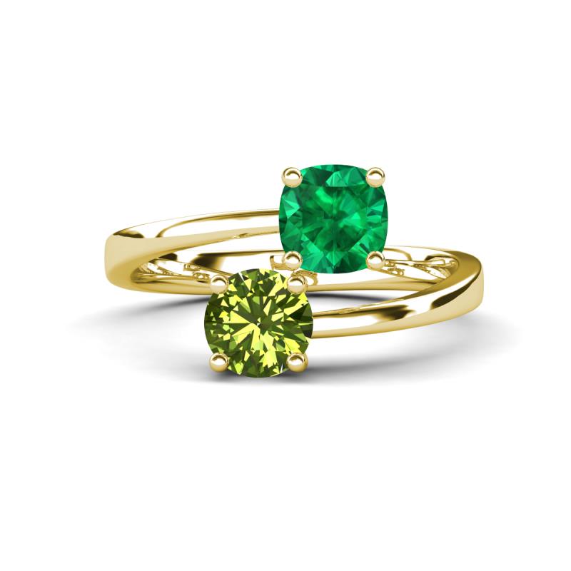 Jianna 6.00 mm Cushion Lab Created Emerald and Round Peridot 2 Stone Promise Ring 