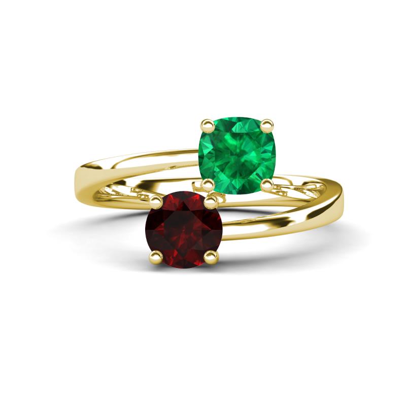 Jianna 6.00 mm Cushion Lab Created Emerald and Round Red Garnet 2 Stone Promise Ring 