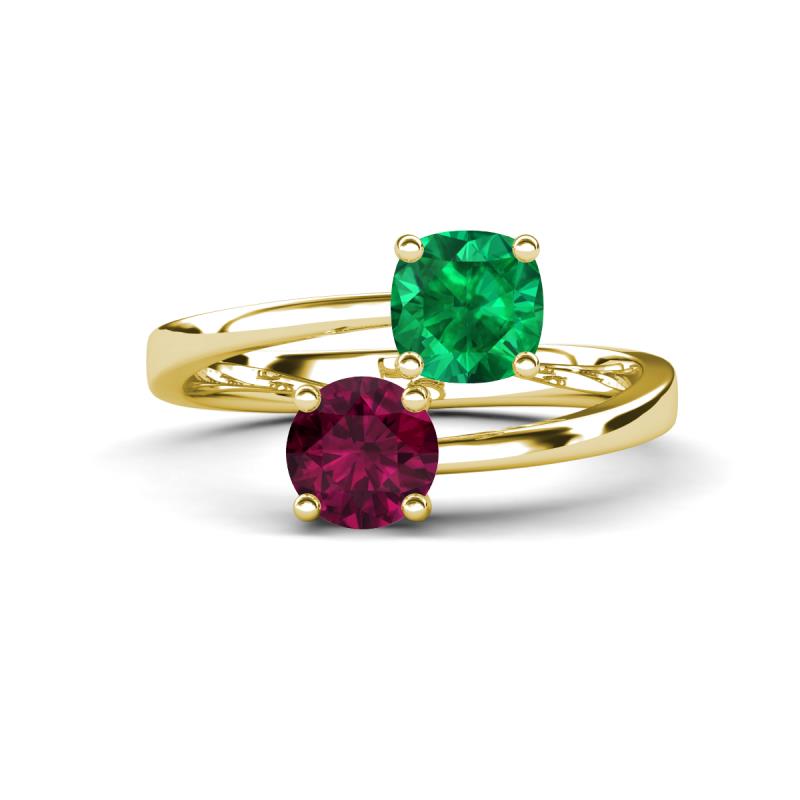 Jianna 6.00 mm Cushion Lab Created Emerald and Round Rhodolite Garnet 2 Stone Promise Ring 