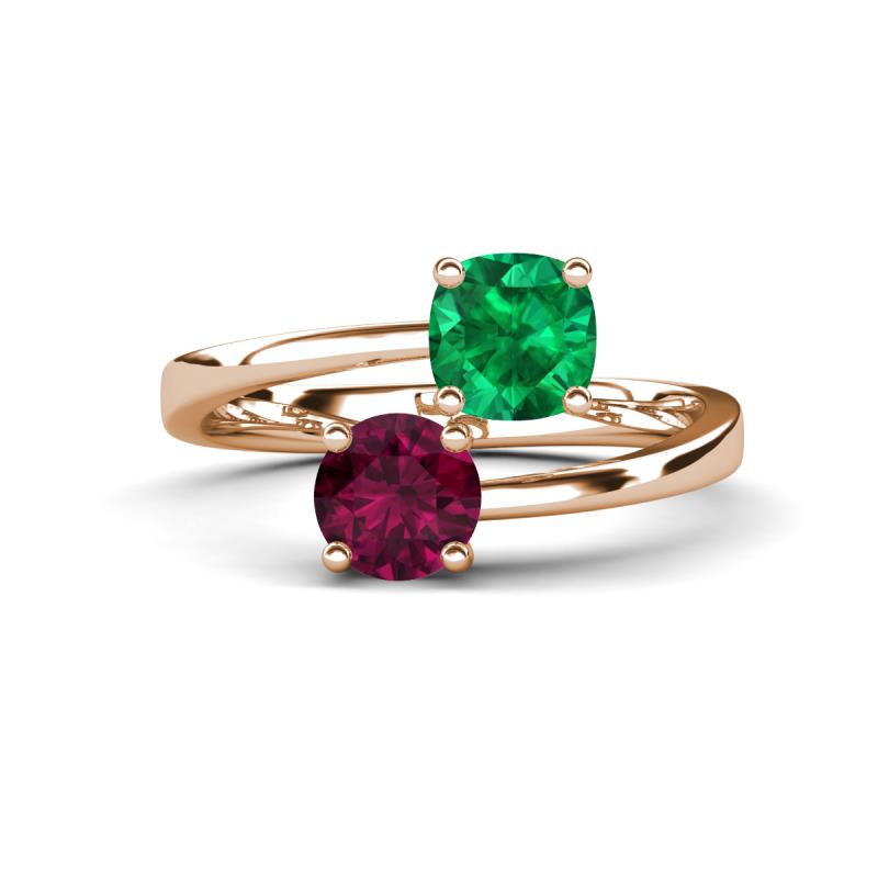 Jianna 6.00 mm Cushion Lab Created Emerald and Round Rhodolite Garnet 2 Stone Promise Ring 