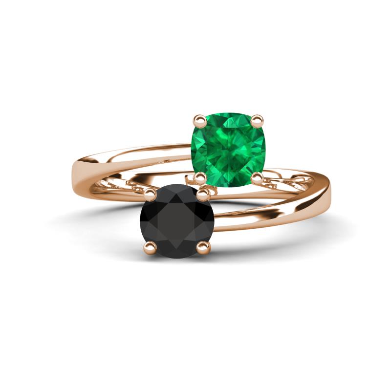 Jianna 6.00 mm Cushion Lab Created Emerald and Round Black Diamond 2 Stone Promise Ring 
