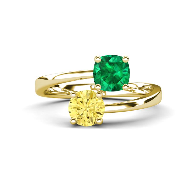 Jianna 6.00 mm Cushion Lab Created Emerald and Round Lab Created Yellow Sapphire 2 Stone Promise Ring 