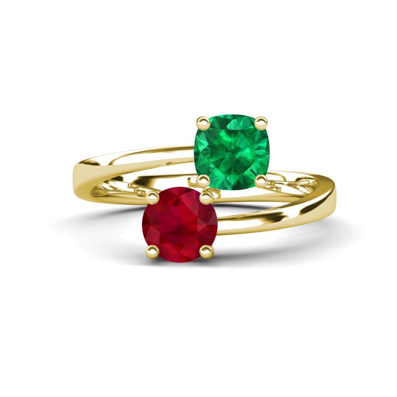 Jianna 6.00 mm Cushion Lab Created Emerald and Round Ruby 2 Stone Promise Ring 