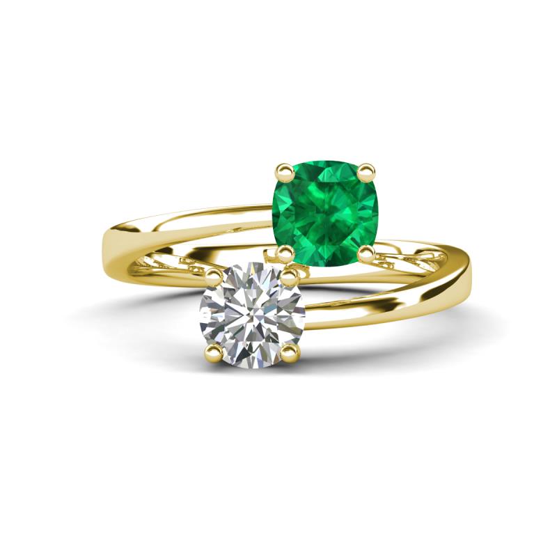 Jianna 6.00 mm Cushion Lab Created Emerald and GIA Certified Round Natural Diamond 2 Stone Promise Ring 