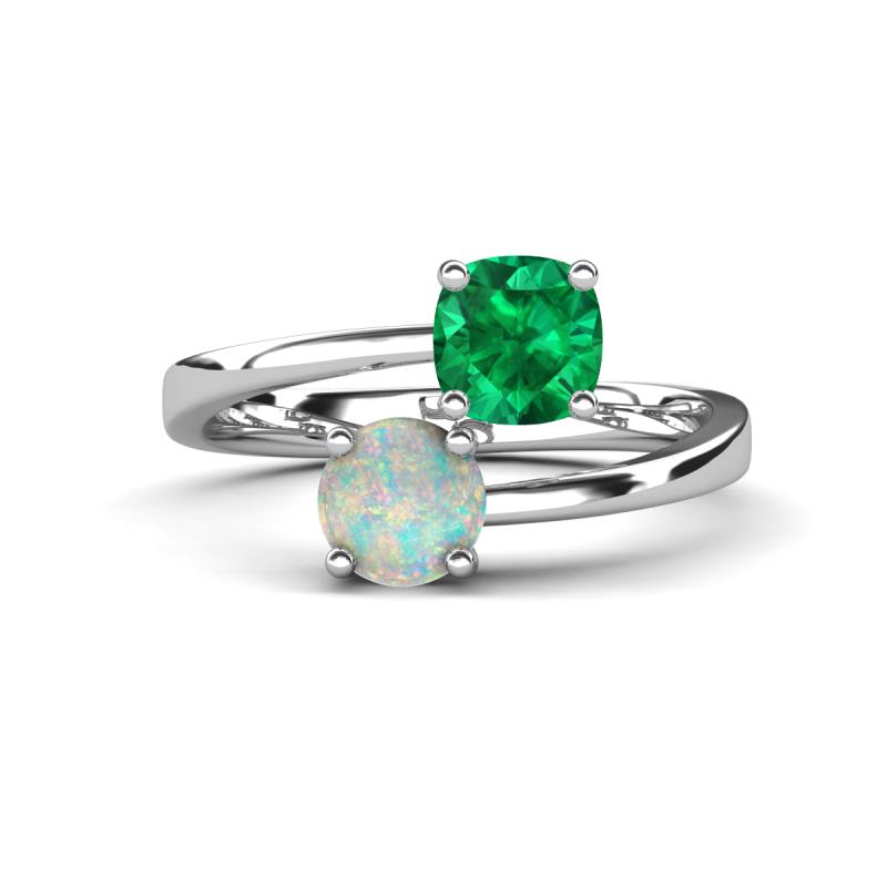 Jianna 6.00 mm Cushion Lab Created Emerald and Round Opal 2 Stone Promise Ring 