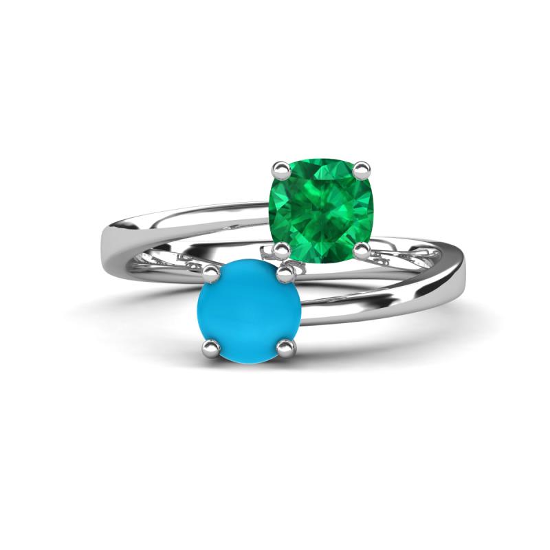 Jianna 6.00 mm Cushion Lab Created Emerald and Round Turquoise 2 Stone Promise Ring 